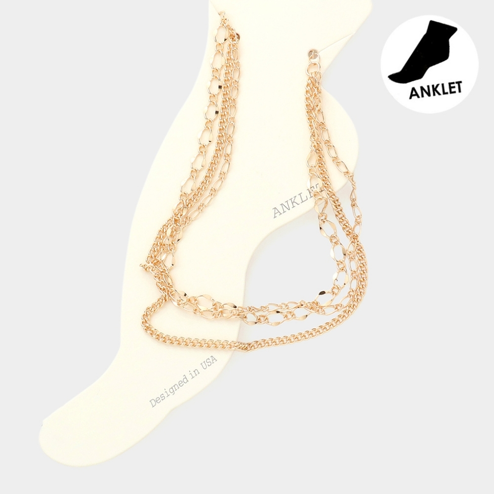 Triple Layered Gold Link Chain Style Anklet Fashion Jewelry Accessory